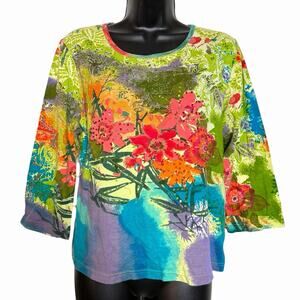 VINTAGE RETRO Y2K TAKE TWO TOP T SHIRT 3/4 SLEEVE FLORAL ALL OVER PRINT SIZE L